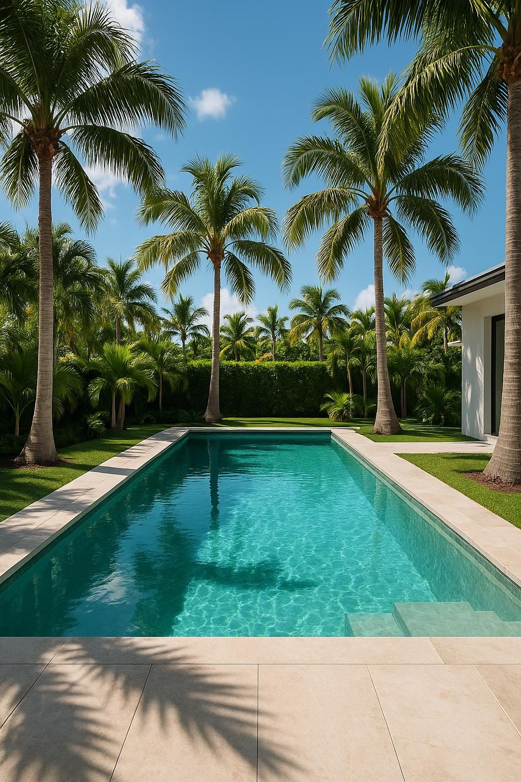 a completed pool with palm trees